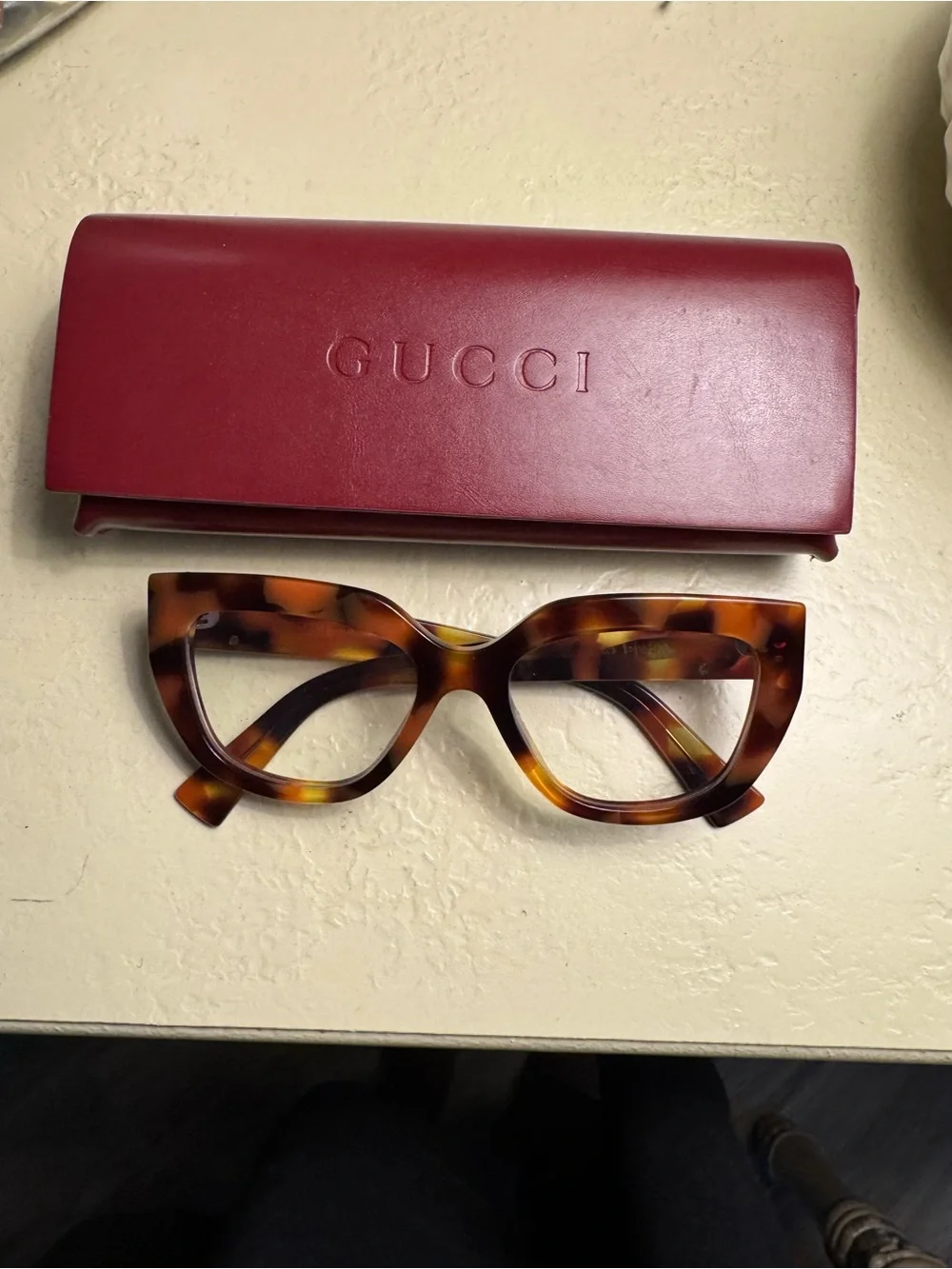 Gucci Tortoiseshell Cat-Eye Glasses with Burgundy Case